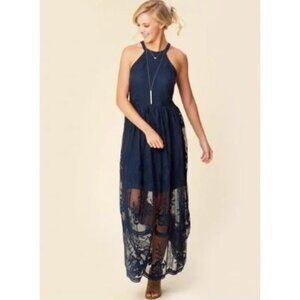 Altard State Maxi Dress Womens M Lace Halter Navy Blue Sleeveless